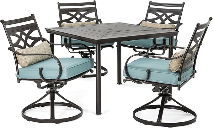 Hanover Montclair 5-Piece Outdoor Dining Set with Stamped Steel Square Dining Table and 4 Swivel Rocker Chairs with Cushions, Weather-Resistant Patio Dining Set for 4, Patio, Backyard, Deck