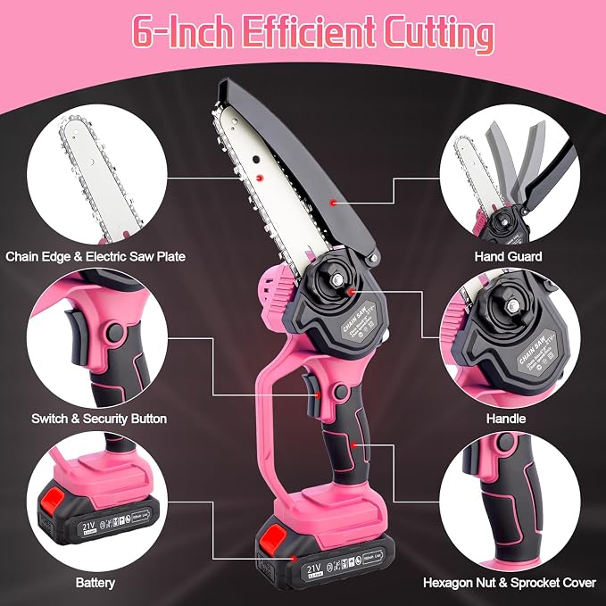 Mini Chainsaw Cordless 6-INCH, Portable Electric Power Pruning Saw, Rechargeable Battery Powered Handheld Chain Saw for Tree Branches, Courtyard, Household and Garden, 2PCS 21V 1500mAh Batteries