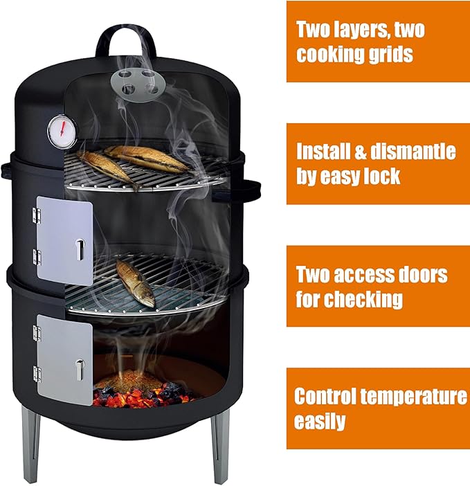 16" BBQ Smoker Grill Built in Thermometer, Air Vent and Two more biger Access Doors, Multi-Layer Meat Smoker Grill with 3 Heat-resistant Handles, Ideal for Outdoor Cooking, Camping, BBQ