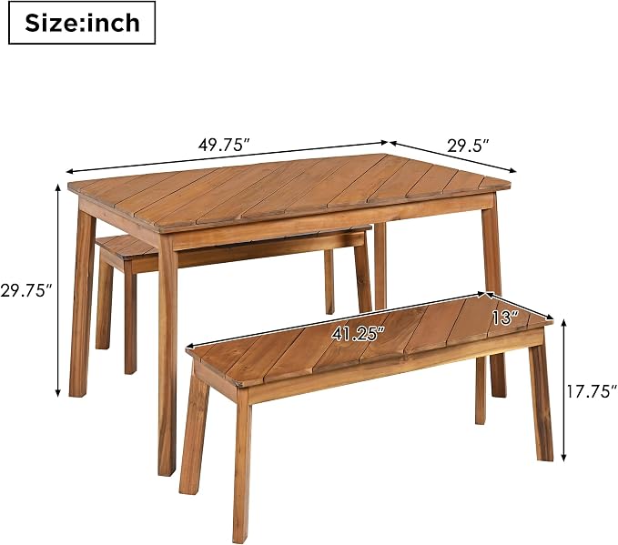 LUMISOL 3 Pieces Acacia Wood Table Bench Dining Set for Outdoor Indoor, Patio Dining Table with 2 Benches, Picnic Beer Table for Patio Porch Garden Poolside, Natural