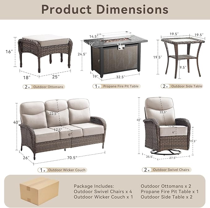 10 Pieces Luxury Patio Furniture Set with 42.5" Fire Pit Table, 6-Inch Thick Cushions Wicker Outdoor Furniture with Swivel Patio Chairs Set of 4, Outdoor Patio Conversation Set for Garden Deck, Beige
