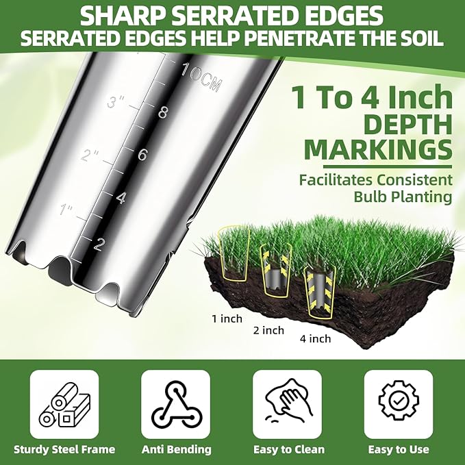 Lothee 3 Pcs Bulb Planter Tool Set with Depth Markers Non Bending Steel Bulb Planter Digger Garden Transplanter with Comfortable Wood Handle for Planting Tulips Dahlias and Lilies