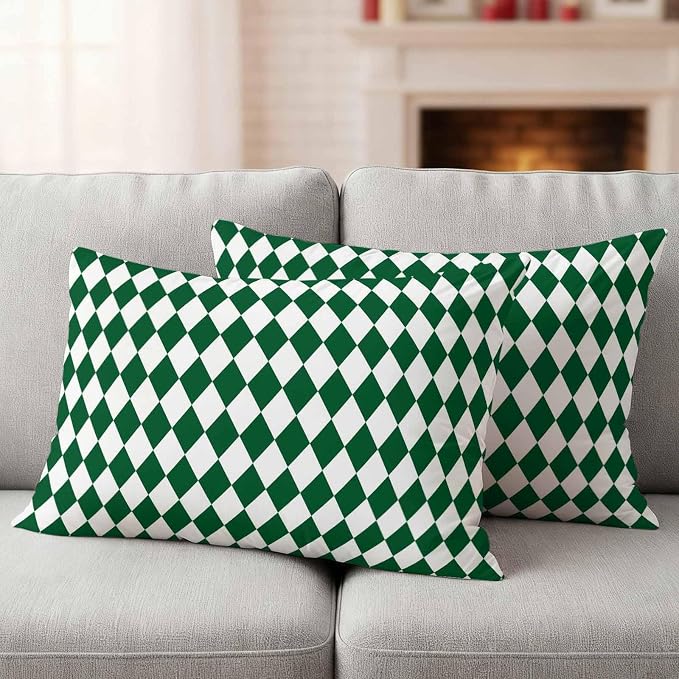 Modern Green White Diamond Outdoor Pillow Covers Set of 2,Decorative Waterproof Throw Pillow Case,Minimalist Geometric Plaid Cotton Linen Soft Cozy Cushion Pillowcases