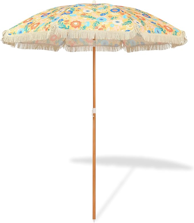 Seazul 5.2ft Patio Umbrella with Fringe, Beach Umbrella, Fringe Umbrella Outdoor Patio, Tilting Steel Pole, UV 50+, Fiberglass Ribs, Floral