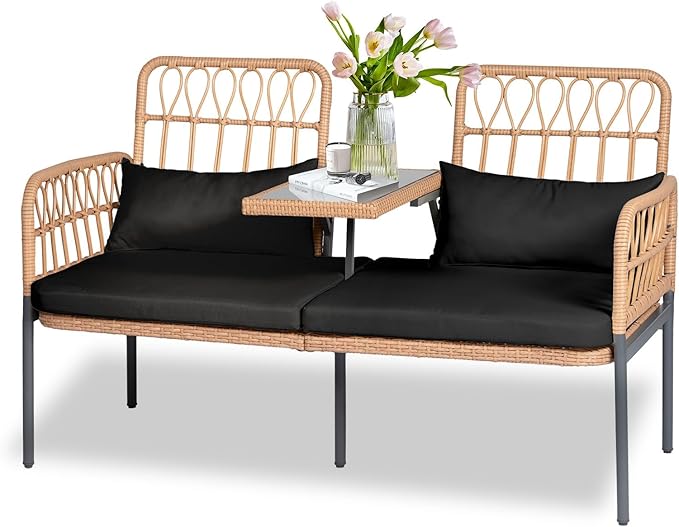 Outdoor Loveseat 2 Pieces Patio Furniture Set, Porch Furniture Wicker Large Loveseats, Patio Conversation Sets with Cushions & Lumbar Pillows and Built-in Table, Black