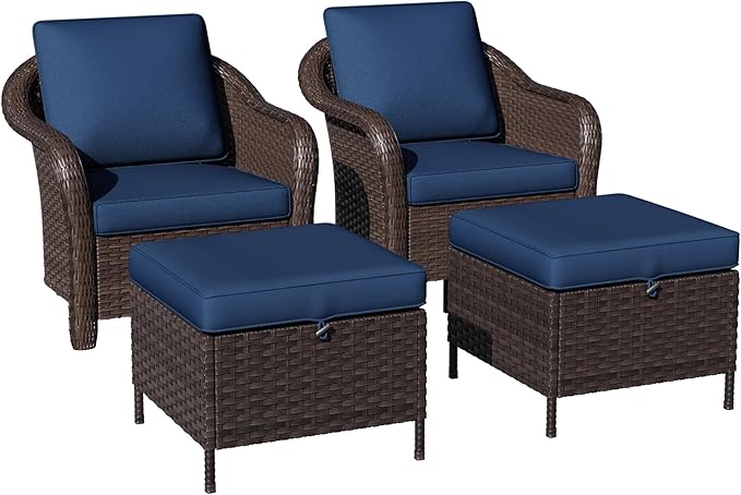 4 Piece Patio Wicker Conversation Set, 2 All-Weather Use Outdoor Wicker Chairs with 2 PE Rattan Ottomans,Ideal for Porch, Backyard, Balcony, Poolside, Blue