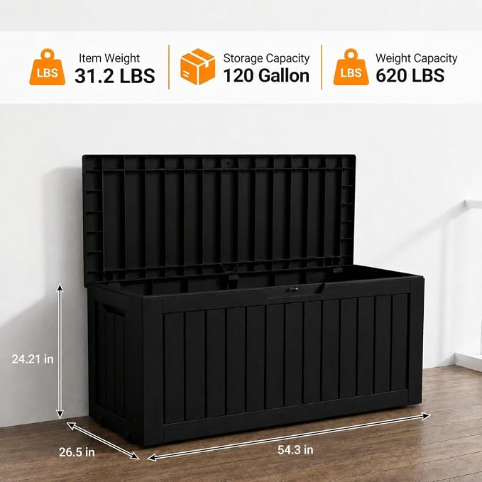 LAUSAINT HOME 120 Gallon Resin Deck Box, Package Delivery Box with Lockable Lid, Waterproof Outdoor Storage Box For Garden Tools, Patio Cushions(120 Gallon,Black)