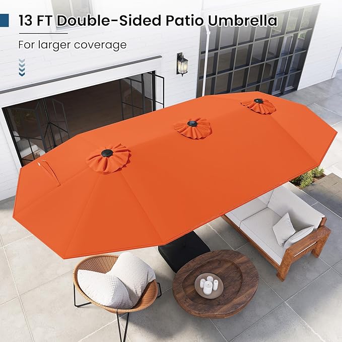 Tangkula 13FT Double-Sided Solar Patio Umbrella, Extra-Large Outdoor Twin Umbrella with 36 LED Lights, Vented Top, Crank Handle, 12 Ribs, Weighted Base Included for Backyard Poolside Deck (Orange)