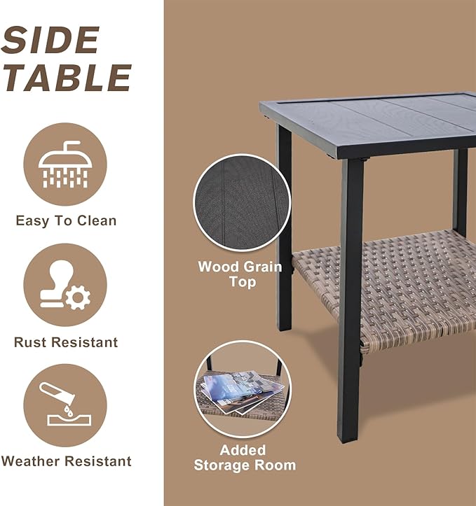 COOS BAY Sunset Haven 3 Piece Outdoor Patio Furniture Set, Rocking Chairs with Side Table, Wicker Patio Bistro Set, Brown/Blue