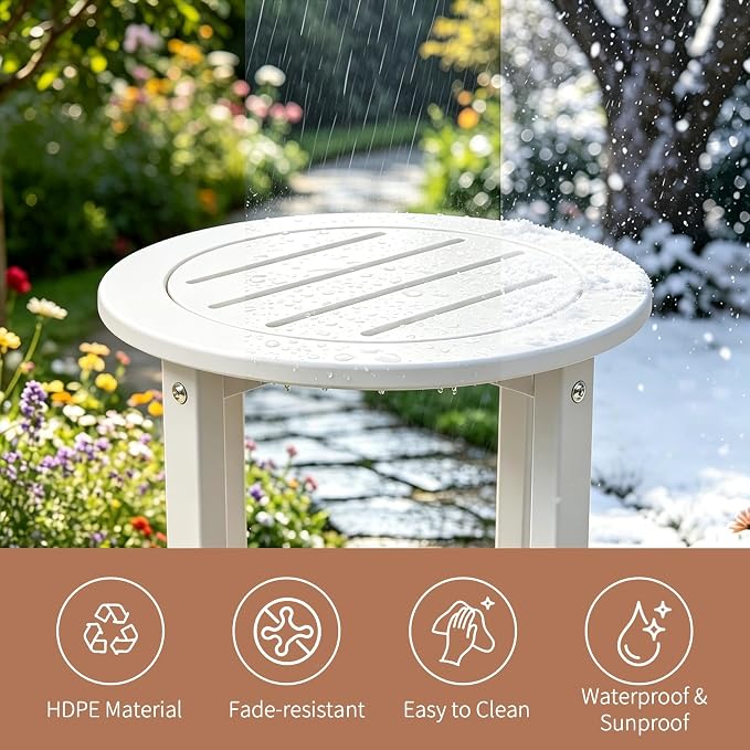 Small Outdoor Side Table 15.94" HDPE Round Adirondack End Table | Storage Shelf, Plant Stand, Weather Resistant, Easy to Clean & Use, Not prone to fading, for Patio, Backyard, Deck, White