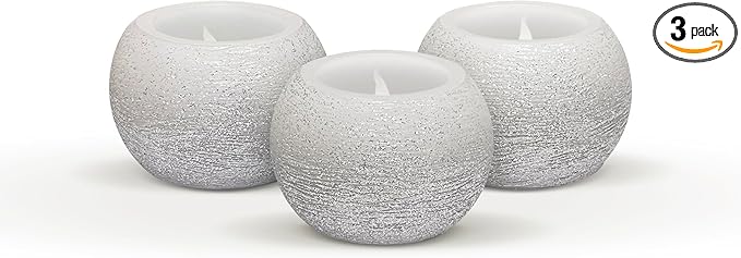 FURORA LIGHTING Small Silver Glittery Real Wax Flameless Candles, Pack of 3 – LED Flickering Small Round Candles, 2.4” x 1.6”, Battery Included, Ideal for Home Décor