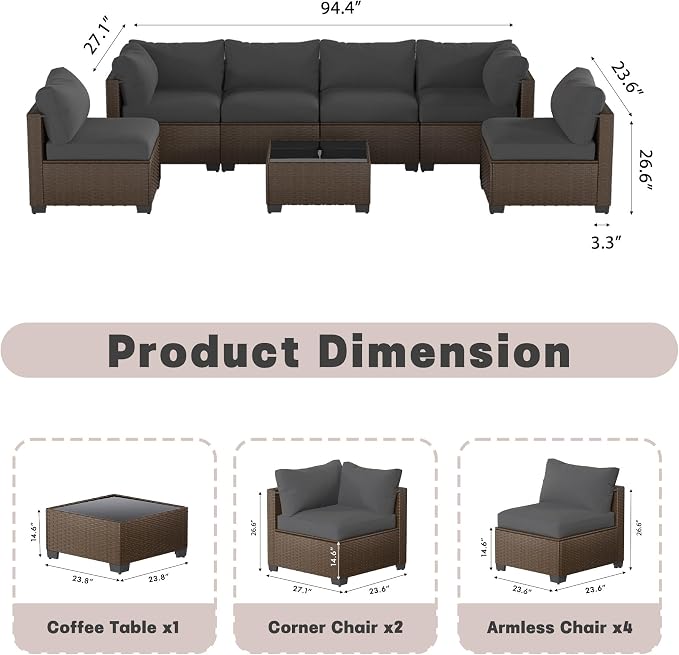 Patio Furniture Set, 7-Piece Outdoor Sectional Couch with Coffee Table & Thick Cushions, Outdoor Wicker Conversation Set for Backyard, Poolside, Garden (Brown-Grey, 7 Piece-Single)