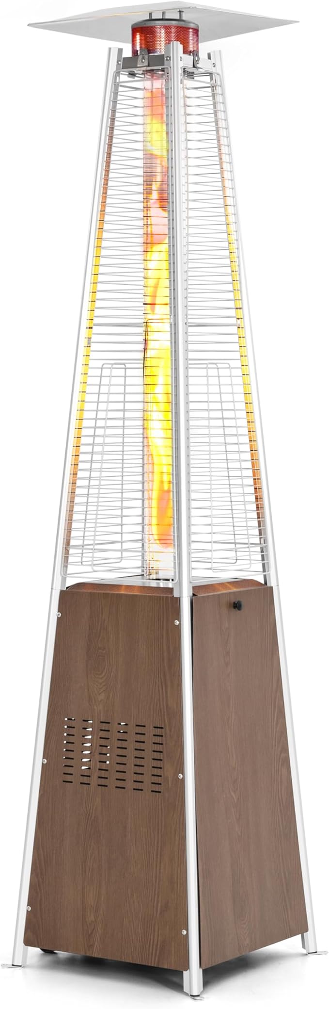 Nuu Garden Pyramid Propane Patio Heater 48,000 BTU with Wheels, Outdoor Glass Tube Heating Tower for Deck, Porch, Camping, Backyard, Stainless Steel Burner, Wood-Grain Finish