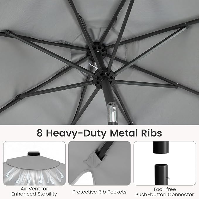 Tangkula 9 FT Solar Patio Umbrella with Base Included, 2-Tiers Outdoor Scalloped Table Umbrella with 32 LED Lights, 2 Sandbags, Tilt Adjustment, Crank, 8 Ribs for Market Backyard Pool Deck Beach Lawn