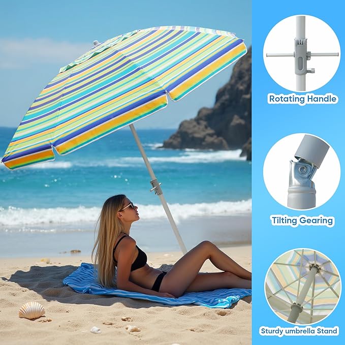 Beach Umbrella w/Sand Anchor & Tilt, Heavy Duty Wind Outdoor Umbrellas with Air Vents Design & Carry Bag, UV 50+ Protection Portable Sun Shade for Patio, Pool, Garden