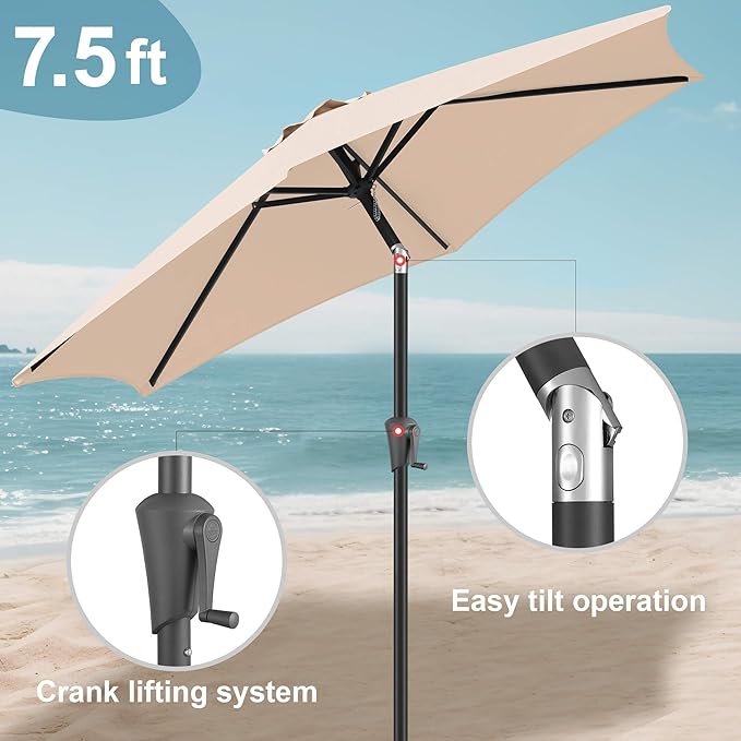 FLAME&SHADE 7.5ft Patio Umbrella - Outdoor Umbrella with Push Button Tilt and Crank for UV Protection, Table Market Umbrella for Garden, Deck, Backyard, Pool and Beach(Beige)