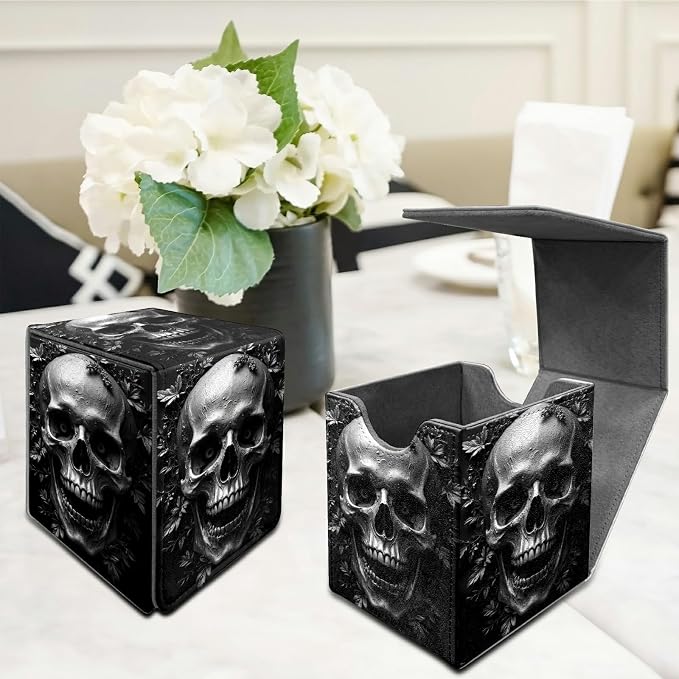 Dark Skull Card Deck Box for MTG, Personalized Card Storage Case Fits 120+ Sleeved Cards, Premium Leather TCG Box with Strong Magnetic Closure for Magic, CCG, PTCG, Baseball Cards