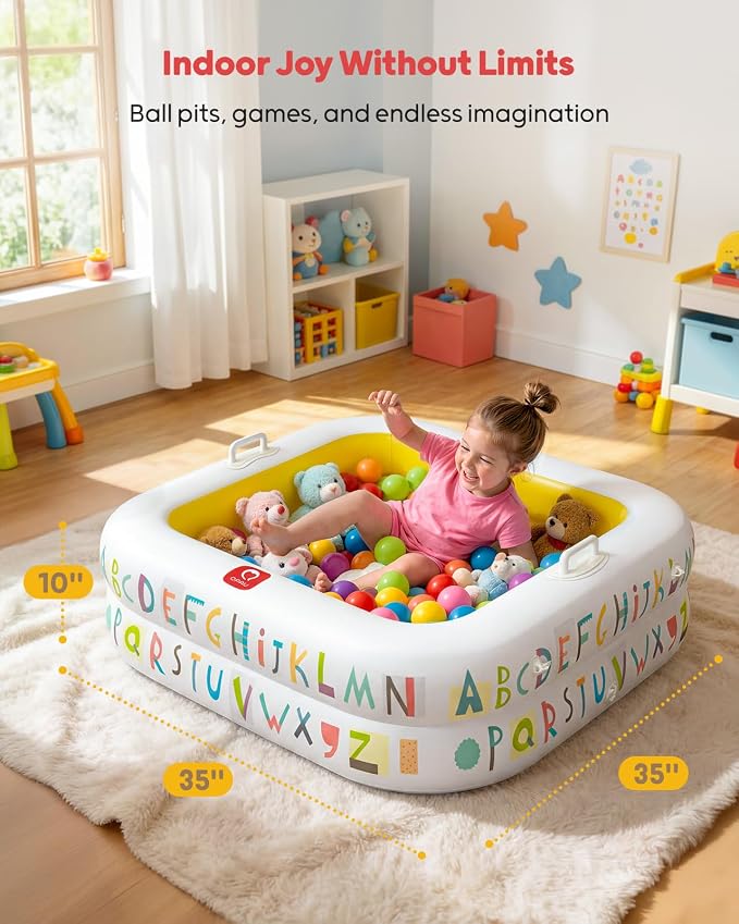 QPAU Baby Pool with Detachable Canopy for Sun Protection, 35" x 10" Portable Inflatable Kids Pool with Padded Bottom, Kiddie Pool & Ball Pit with Handles for Backyard and Indoor, Ages 1-3 (Yellow)