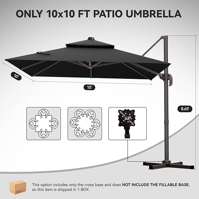 GENTEACO 10X10 FT Cantilever Umbrella, Large Offset Patio Umbrella with Double Top, 6 Angle Tilts & 360° Rotation, Large Square Sun Umbrellas for Outdoor Patio Pool Deck Market, Black