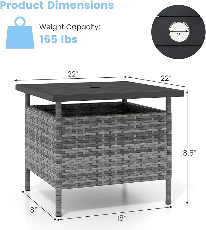 HAPPYGRILL Patio Umbrella Table Stand, Rattan Outdoor Side Table with Umbrella Hole, PE Wicker Frame, for Patio Garden Deck Poolside