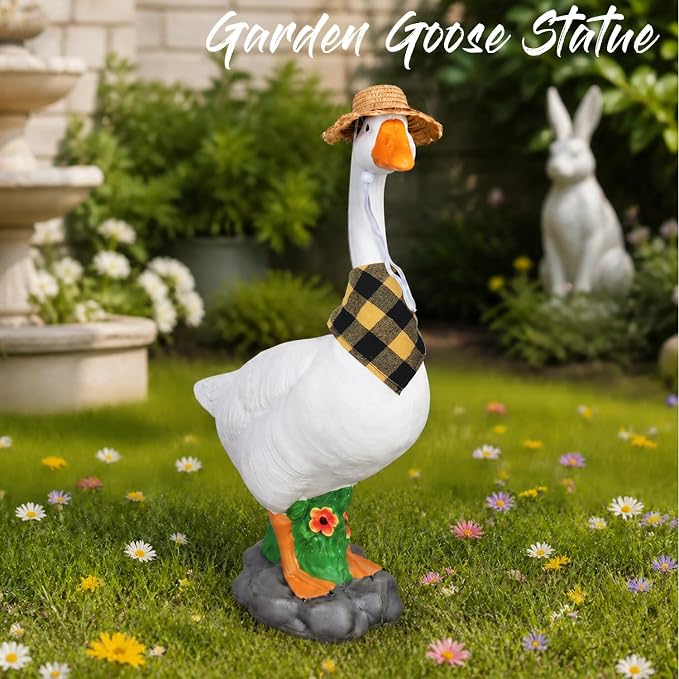 PARTYGEARS 23" Porch Goose Statue with Accessories, Hollow Plastic Garden Decor, Adjustable Neck, Sand-Fillable Base with Straw Hat & Yellow Scarf – Outdoor Decorations for Yard, Lawn Decor