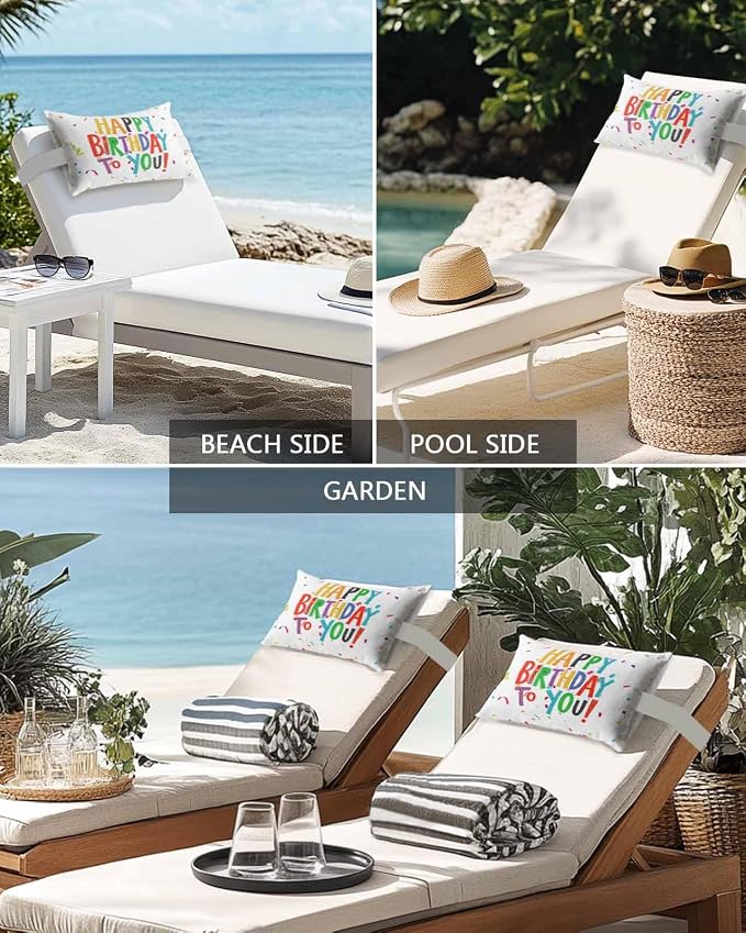 Outdoor Pillows Covers with Inserts Happy Birthday Colorful Text Ribbon Party Waterproof Recliner Pillow with Adjustable Strap Throw Pillows for Patio Furniture Pool Lounge Chair, 11x16 inch, 1PCS