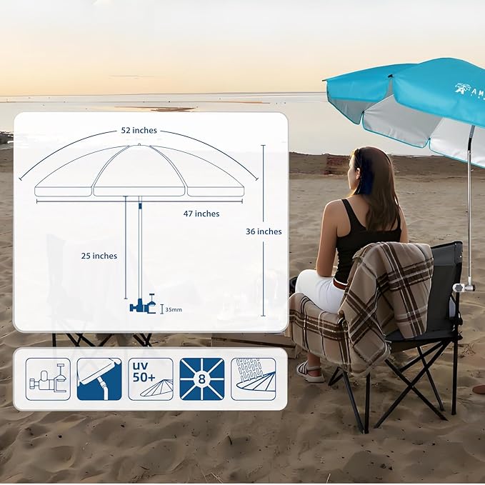 AMMSUN Chair Umbrella with Universal Clamp Adjustable 47 inches and 360° Swivel & UPF 50+ Protection Portable Sun Umbrella, Secure Clip on Camping/Beach Chairs, Stroller, Wheelchair, Golf cart, Lounger, Light Blue, Large-sized