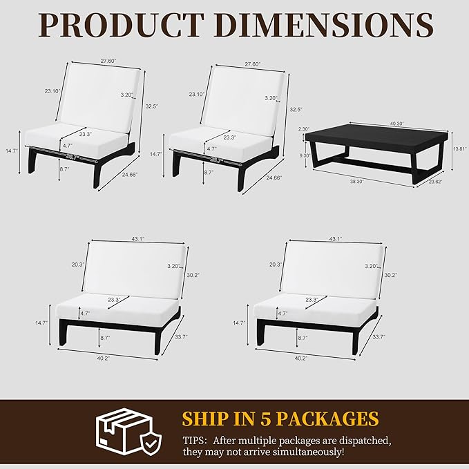 UIXE 5 Pieces Black Wood Patio Furniture Sets, 2 Patio Loveseat, 2 Patio Bistro Chair, All Weather Outdoor Sectional Sofa Furniture Backyard Conversation Set with Coffee Table - Beige