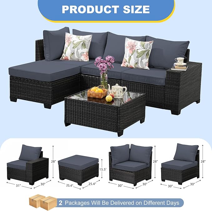 5 Pieces Patio Furniture Set, Wicker Outdoor Conversation Sets with Tea Table, Rattan Patio Sofa with Thick Cushions for Garden, Backyard Porch, Poolside, Patry, Gray