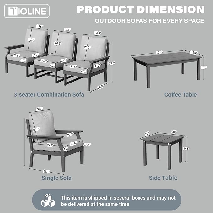 HDPE Patio Conversation Set, 7-Piece All Weather Outdoor Furniture Set with 2 Single Armchairs for Deck, Lawn, with Cushion, Gray
