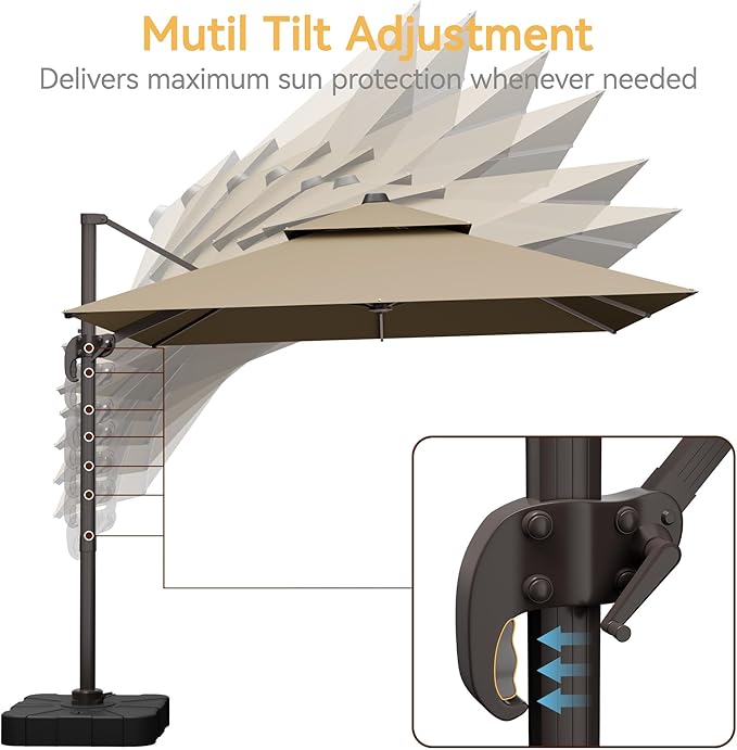 10x10 FT Patio Umbrella, Large Cantilever Double Top Heavy Duty Offset Umbrellas with 360° Rotation, Outdoor shade for Garden Deck Pool, Tan