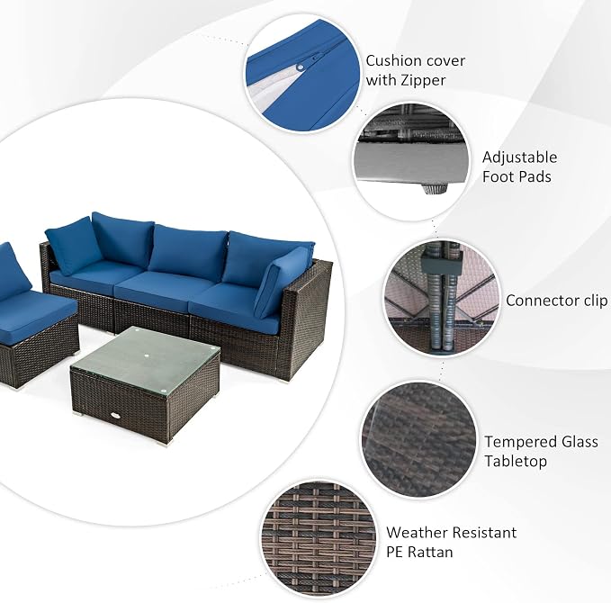 Tangkula 6-Piece Patio Furniture Set with 42 Inches Propane Fire Pit Table, Outdoor Wicker Conversation Set with Cushions and Tempered Glass Coffee Table, 50,000 BTU Gas Fire Pit Table (Navy)