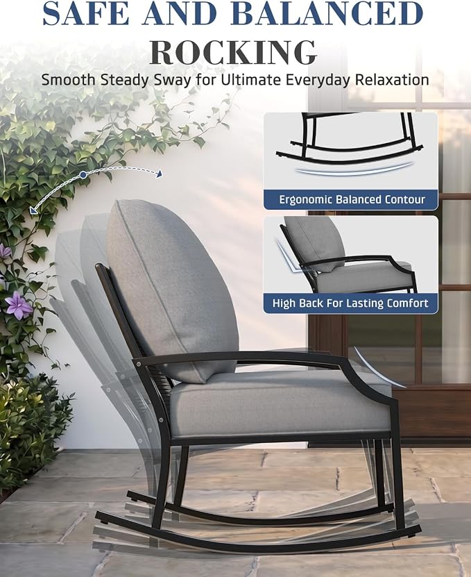 AECOJOY Patio Furniture Set, 4-Piece Metal Mesh Rocking Set, Light Gray | Rust-Resistant Steel Frame, Breathable Mesh, 5" Cushions, 28D High-Density Sponge, for Porch, Deck, Backyard and Garden