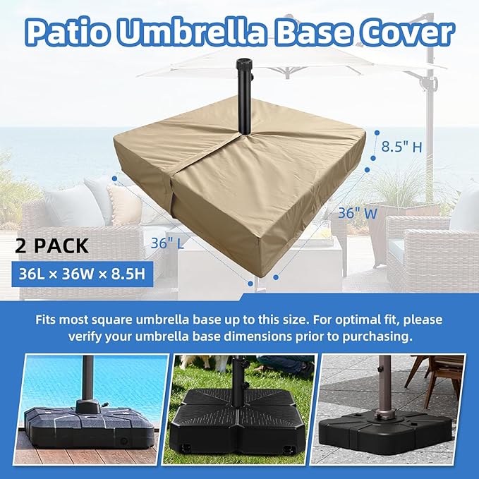 Patio Umbrella Base Cover 2 Pack Heavy Duty 600D Waterproof Outdoor Cantilever Umbrella Stand Base Cover 36"L x 36"W x 8.5"H UV-Resistant Weather-Resistant Outside Square Umbrella Base Covers,Beige