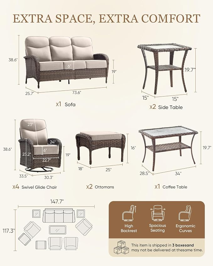 Belord Upgraded 6“ Cushion Luxury 10 Piece Patio Furniture Set - All Weather Wicker Outdoor Furniture with Swivel Rocker Patio Chairs, High Back Conversation Set for Deck Porch Yard - Brown/Beige