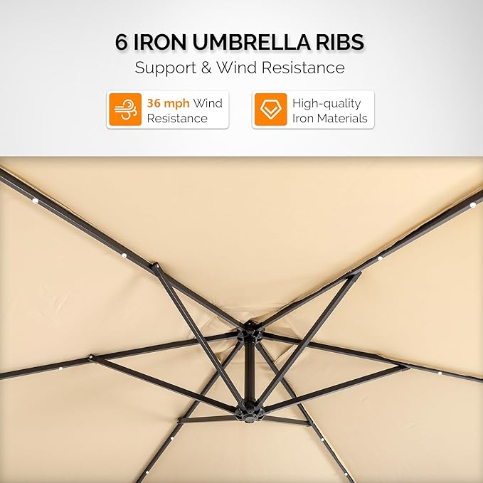 VINGLI 10 ft Cantilever Patio Umbrella, Offset Cantilever Outdoor Umbrella with Solar Lights, Easy Crank & Tilt Adjustment for Backyard, Poolside, Deck