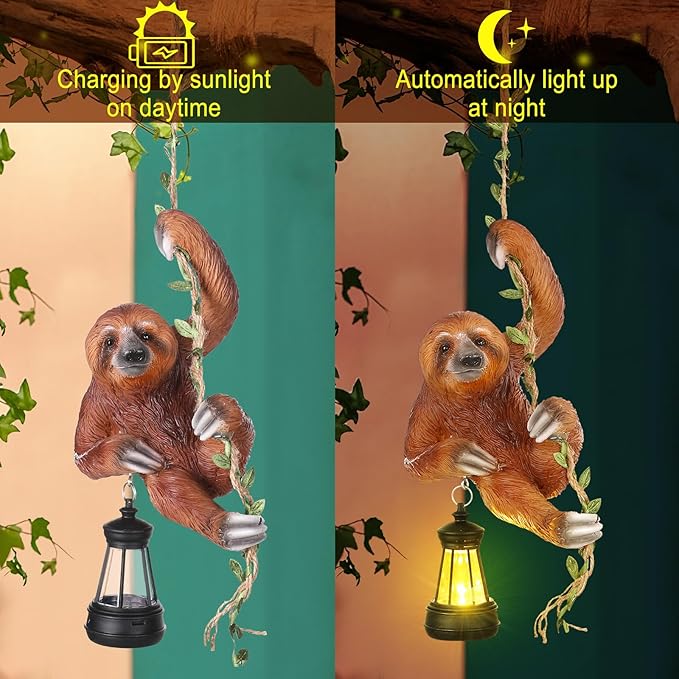 Mudder Solar Light Sloth Garden Statues 7.5'' Resin Hanging Figurine Climbing on 24" L Vine with LED Lantern Decorative Sculpture Waterproof Statues with Hook for Yard Outdoor Patio Yard Wall Decor