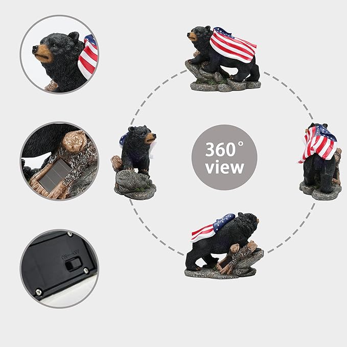 Suyorpe Bear Solar Lights Outdoor Statue - Garden Black Bear with Light up American Flag Solar Animals Outdoor Waterproof Decor for Patio,Porch,Balcony,Yard,Lawn