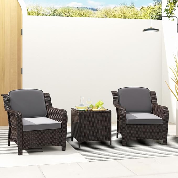 Tangkula 3 Pieces Outdoor Patio Furniture Set, Patiojoy PE Rattan Wicker Chairs with Cushions and Tempered Glass Coffee Table, Outdoor Wicker Conversation Bistro Set for Porch, Balcony, Garden (Gray)