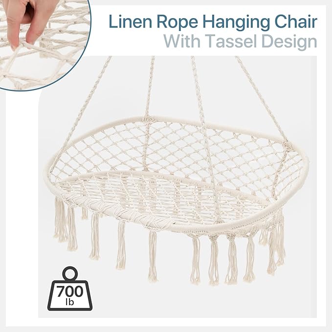 Double Hammock Chair for Indoor & Outdoor Use, Durable Woven Cotton Ropes & Iron Frame, Comfortable Seating for Patio Garden and Porch, 700 lbs Capacity, White