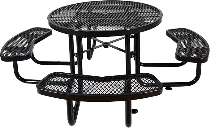 46" Round Commercial Picnic Table for 4-8 Person, Heavy Duty Metal Outdoor Picnic Table with Umbrella Hole for Coffee Shop, School, Hospital, Easy to Install, Black