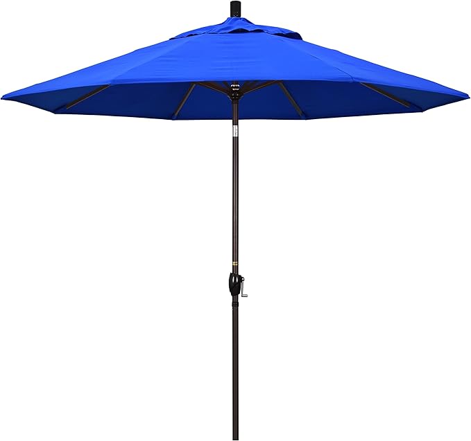 California Umbrella 9' Round Aluminum Market Umbrella, Crank Lift, Push Button Tilt, Bronze Pole