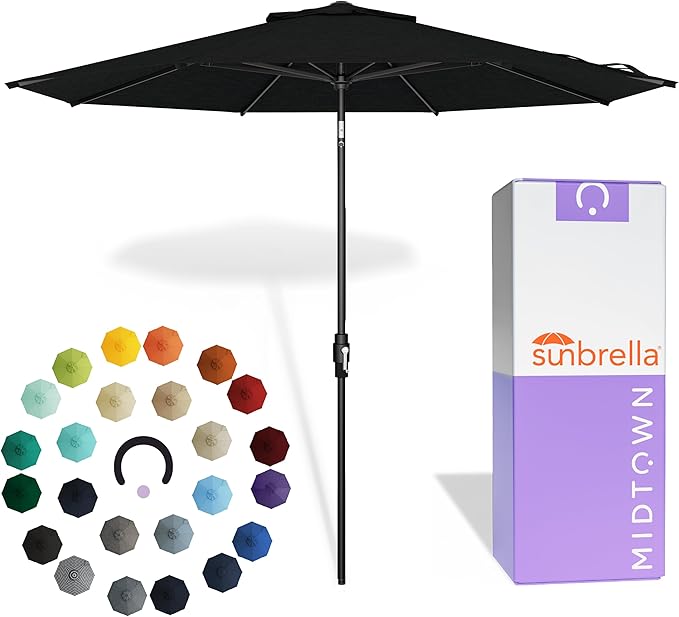 Midtown Umbrellas – The Swilt 8 Ft Patio Umbrella with 360° Swivel & Tilt Mechanism, Sunbrella Fabric & 8 Fiberglass Ribs – Outdoor Umbrella for Deck, Pool & Cafes – Spectrum Carbon Canopy, Black Pole