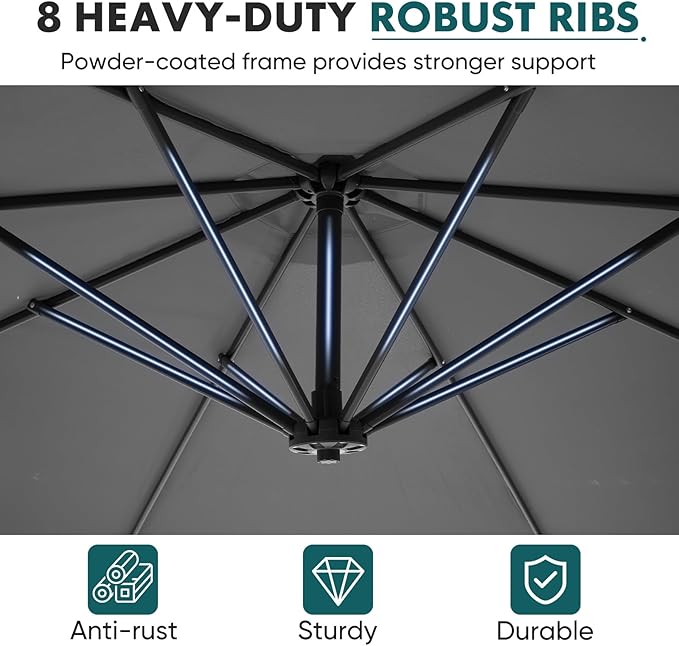 OLIXIS 9.8FT Offset Patio Umbrella with Base, Cantilever Table Umbrellas for Outdoor Sun Shade UV Protection with Easy Tilt Adjustment, 8 Ribs for Backyard, Lawn, Garden, Pool