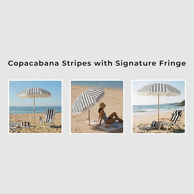 6FT Stripe Fringe Beach Umbrella for Sand with Sand Anchor, UPF 50+ Sun Shade with Tassels, Adjustable Tilt Pole, Portable Coastal Umbrella for Beach & Pool, Heritage Black Stripe