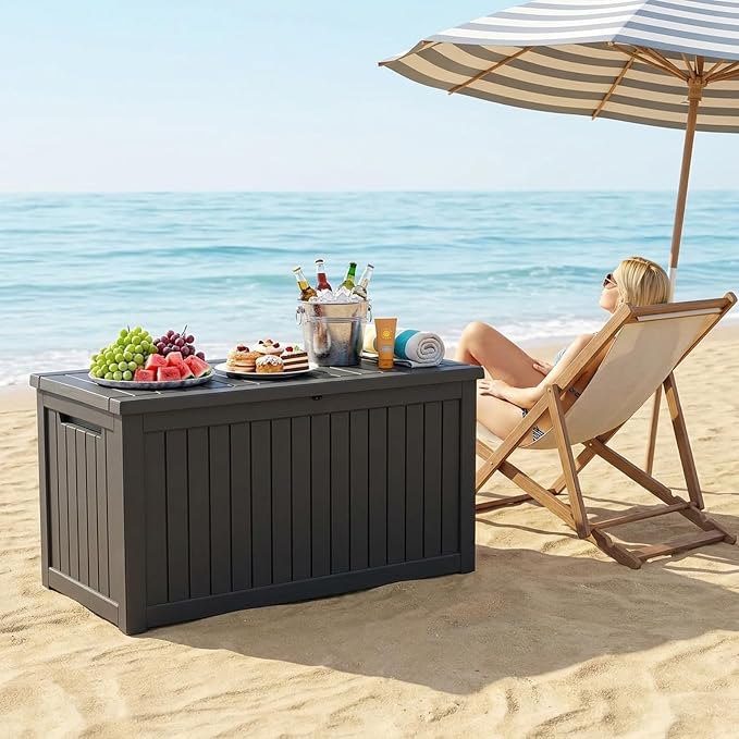 269 Gallon Large Outdoor Storage Box, Waterproof Deck Box with Lockable Lid, Resin Outside Storage Box for Patio Furniture, Pool Accessories, Garden Tools, Storage Bench for Backyard, Porch, Black