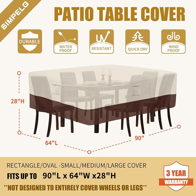 Patio Waterproof Outdoor Covers For Patio Furniture 600D Heavy Duty Oxford Uv Resistant Anti-Fading Rectangular Furniture Covers 90"L x 64"W x 28"H (Beige & Brown)