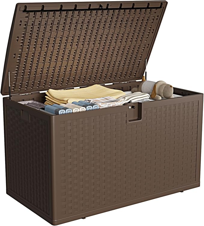 Takywep Small Deck Box 28 gal, Weather Resistant & Waterproof Resin Outdoor Storage Box with Lockable Lid & Handles, Outside Storage Bin for Cushions Garden Tools, Brown