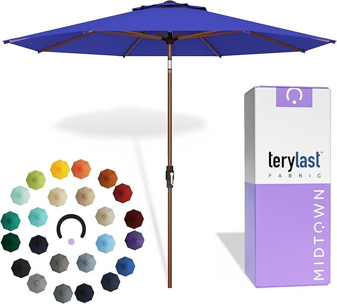Midtown Umbrellas Wooden 2-8 Ft Patio Umbrella with 360° Swivel & Tilt Mechanism, 8 Fiberglass Ribs & Terylast Polyester Fabric for Deck, Pool, Garden & Porch - Midnight Canopy, Wooden Pole