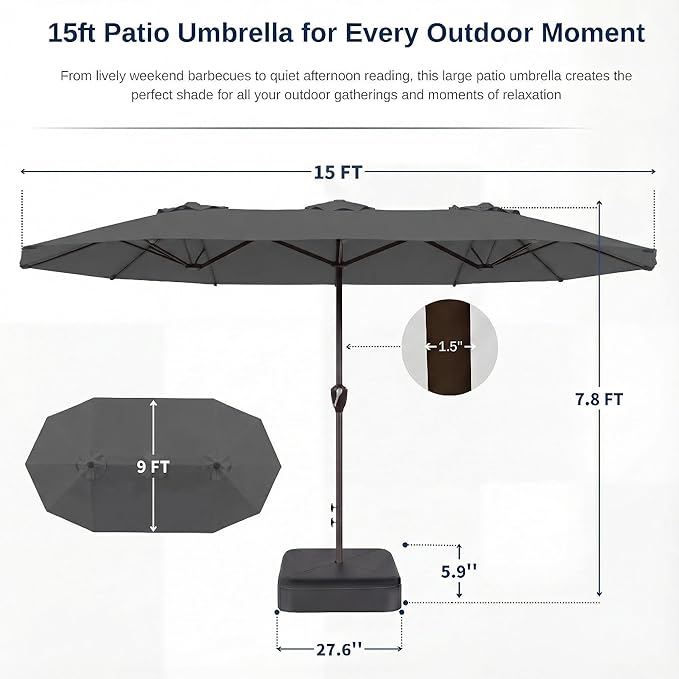 15FT Large Patio Umbrella with Base, Double Sided Rectangular Outdoor Umbrella with Sturdy Fiberglass Ribs, UPF 50+ Sun Protection, Wind-Resistant, Waterproof Fade-Resistant Fabric for Pool, Garden, Backyard, Deck(Gray)